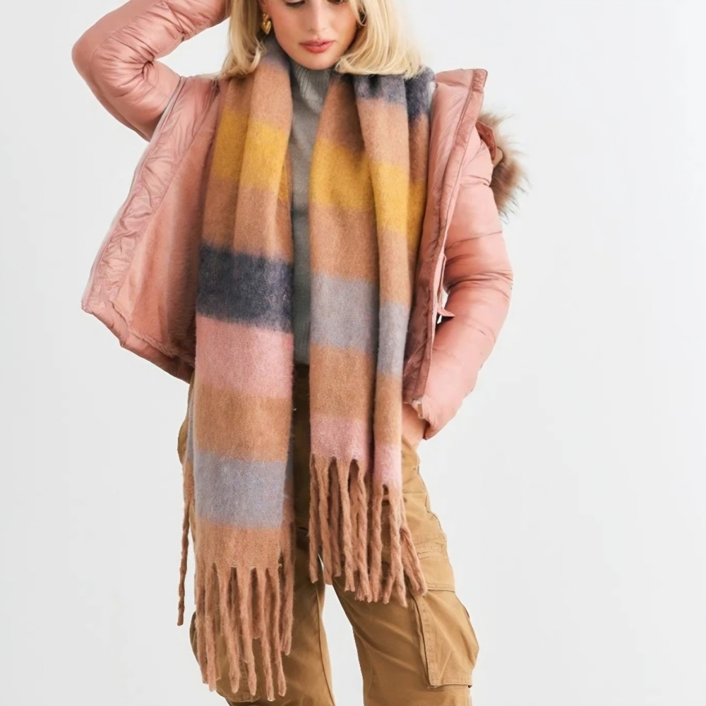 AERIE Multicolored Striped Wool Blend Large Fringe Blanket Scarf Women's OSFA